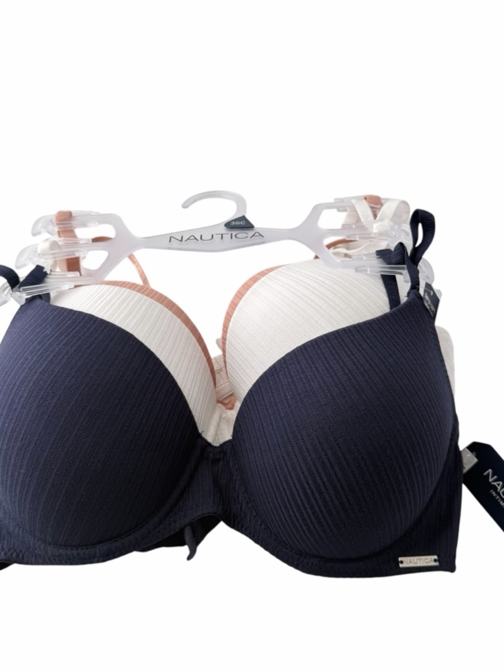 Nautica NWT Set of 3 Navy, White, Beige Ribbed Underwire Lightly Padded Bras 36C